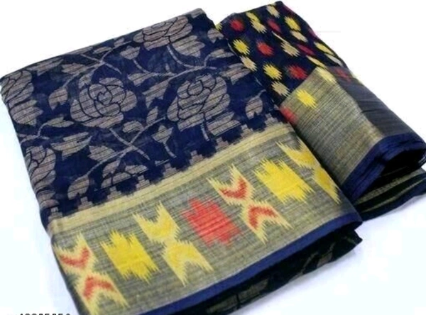 Brasso Cotton Saree With Big Border - Blue, Free Size, Cotton, Print, Pack of1